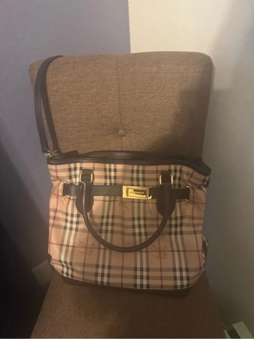 Burberry Beige Plaid Tote with Dark Brown Trim